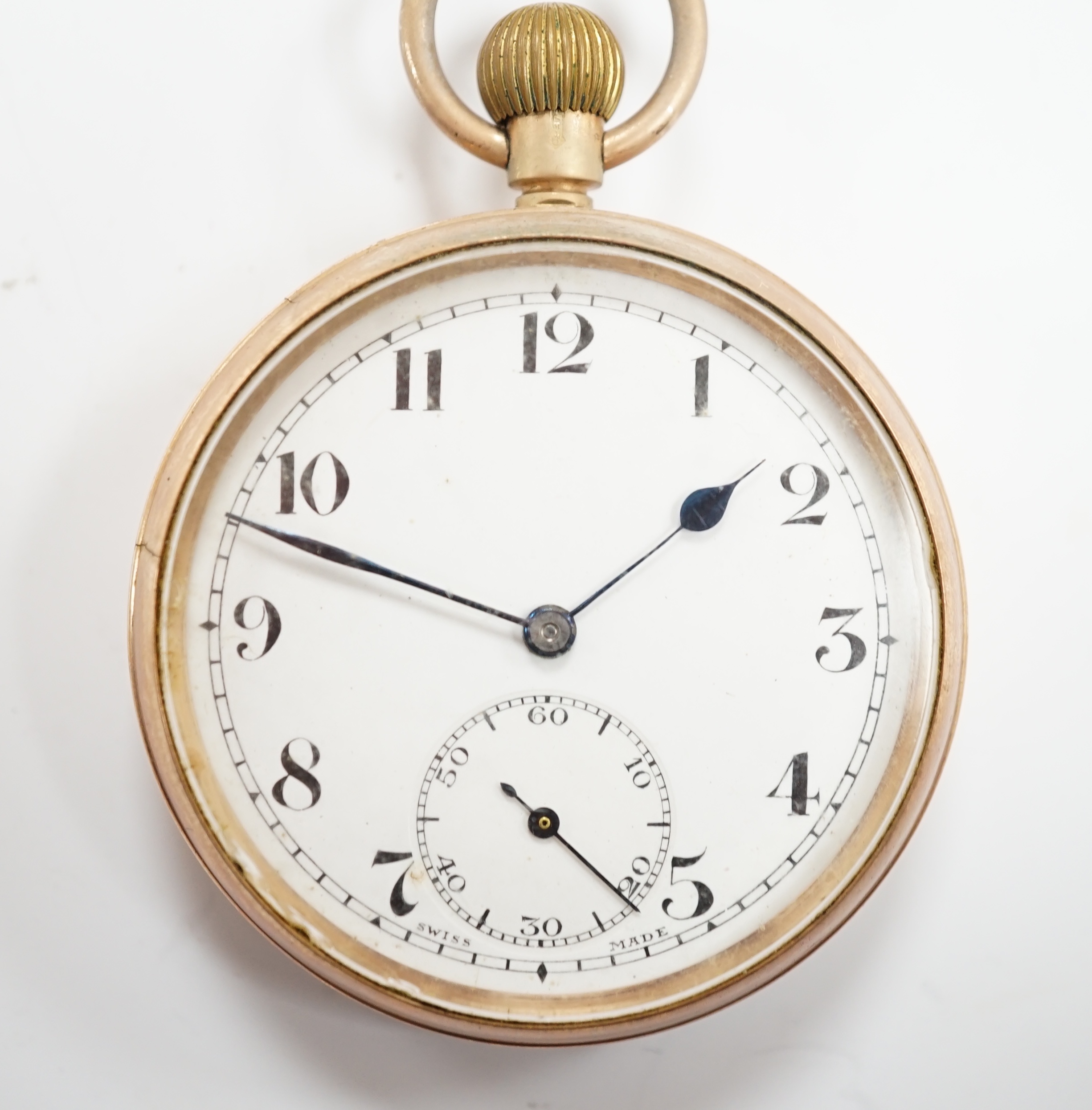 A George V 9ct gold open face keyless pocket watch, with Roman dial and subsidiary seconds, case diameter 48mm